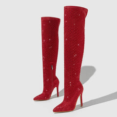 Women's Red Rhinestone Thigh High Sock Boots with Pointed Toe Heels