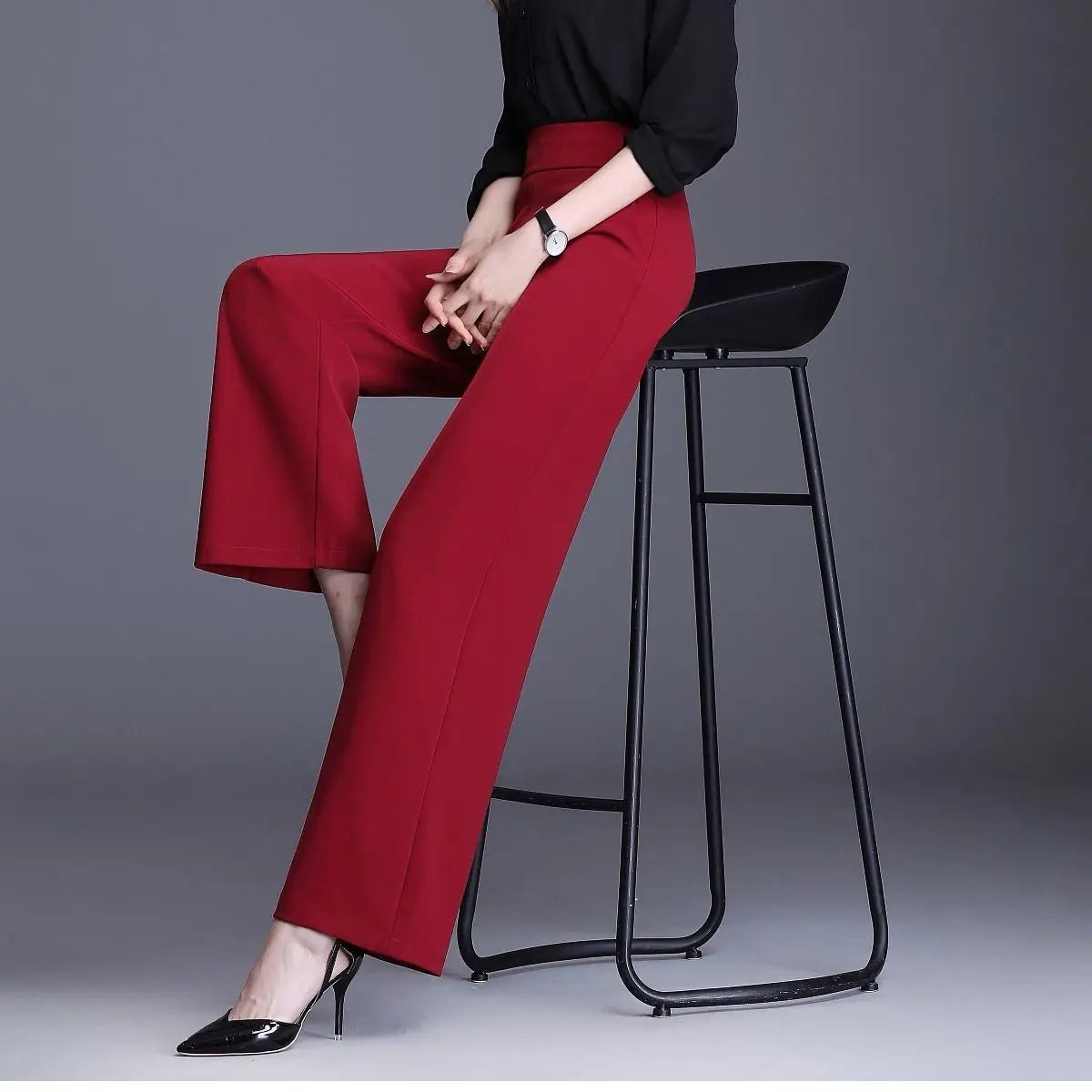 Pantalon taille haute à jambe large pour femme de bureau toutes saisons en noir 