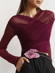 Elegant Mesh Patchwork V-Neck Long Sleeve Cropped Top for Women