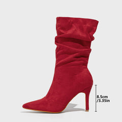 Bottes mi-mollet à talons hauts et bout pointu en daim noir pour femmes, grande taille 