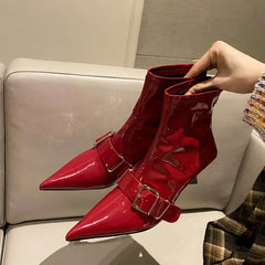 Women's Patent Leather Ankle Boots with Pointed Toe and Zipper