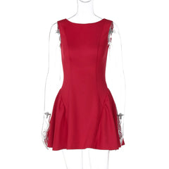 Women's Red Backless A-line Sleeveless Party Dress with High Waist