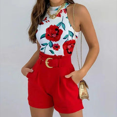 Floral Print Two-Piece Outfit - Sleeveless Halter Top and Shorts Set