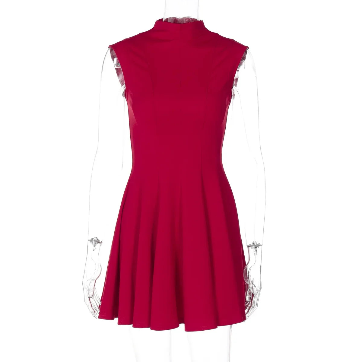 Women's Elegant High Waist Red Black Pleated Sleeveless Dress