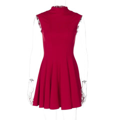 Women's Elegant High Waist Red Black Pleated Sleeveless Dress