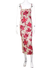 Robe mi-longue dos nu à bretelles fines et fleurs pour femme, idéale pour les fêtes