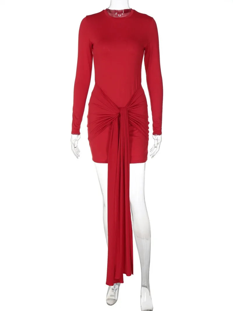 Women's Red O-Neck Long Sleeve Bandage Mini Dress for Parties