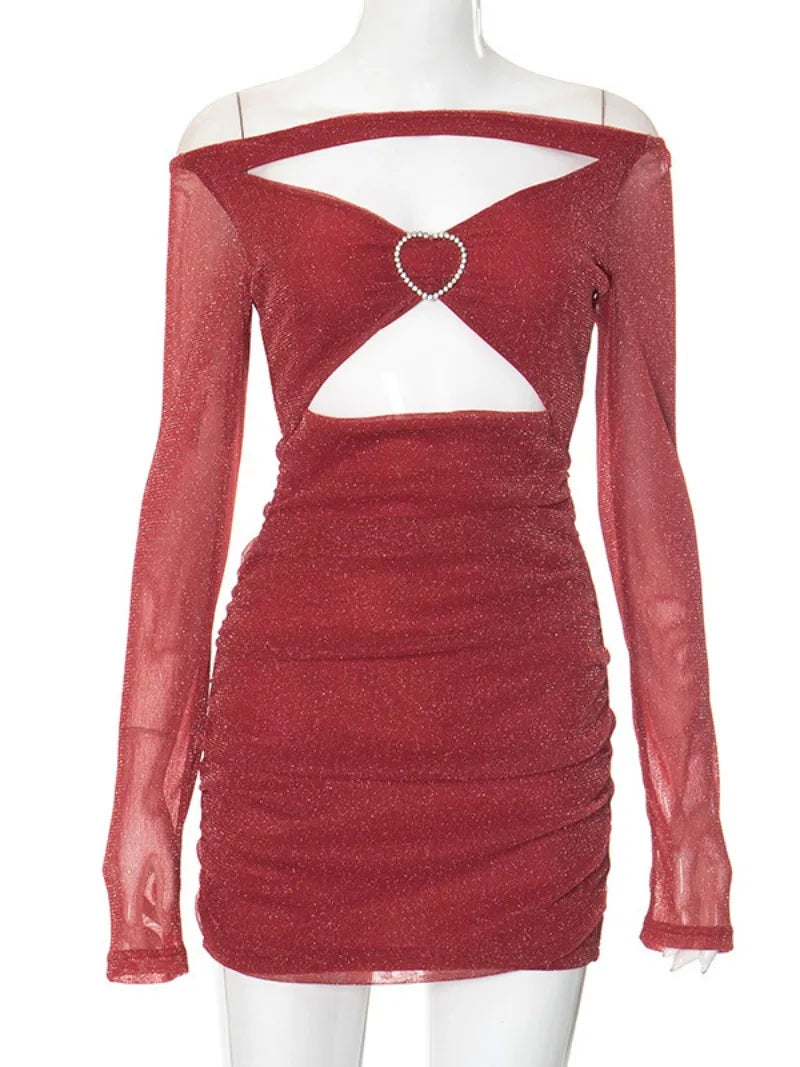 Red Rhinestone Slash Neck Mesh Patchwork Long Sleeve Party Dress