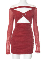 Red Rhinestone Slash Neck Mesh Patchwork Long Sleeve Party Dress