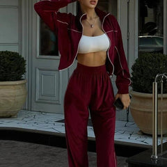 Women's Velvet Tracksuit Set with Lapel Sweatshirt and Wide Leg Pants