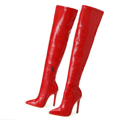 Red Thigh High Pointed Toe Over The Knee Boots for Women