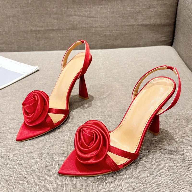 Women's Red Silk Rose Flowers Pointed Open Toe Back Strap Sandals