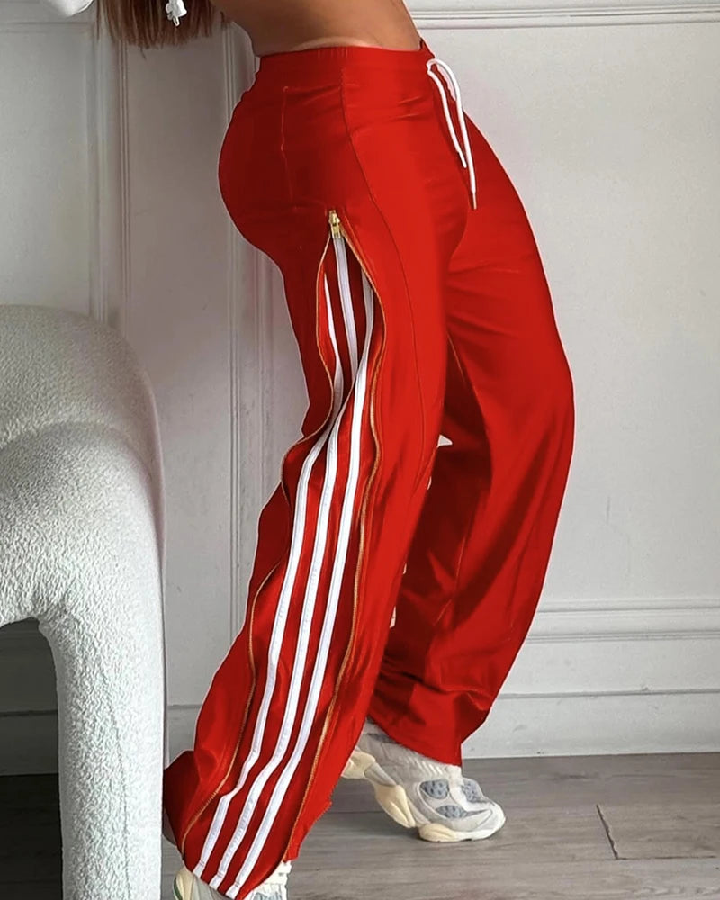 Striped Wide Leg Casual Sports Pants with Side Zipper and Drawstring