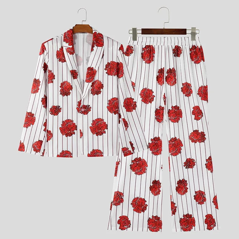 Costume blazer rayé à imprimé floral pour homme – Ensemble deux pièces tendance avec pantalon à jambe large