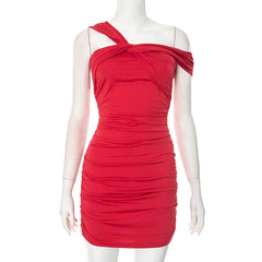 One Shoulder Ruched Asymmetrical Red Black Dress for Parties