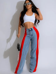 Women’s Striped Denim Loose Pants with Buttons and Pockets