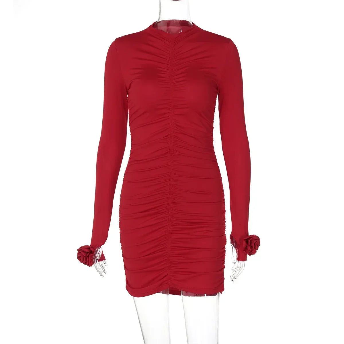 Women's Red Flower Long Sleeve Ruched Dress for Parties and Weddings