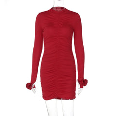 Women's Red Flower Long Sleeve Ruched Dress for Parties and Weddings