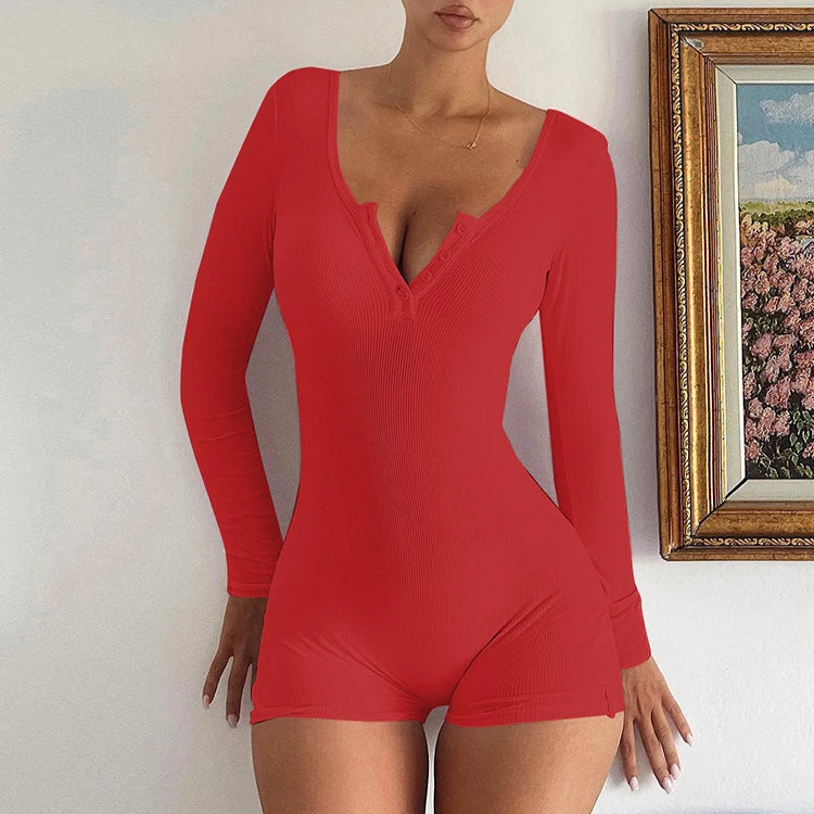 Skinny Long Sleeve Solid Bodycon Jumpsuit for Women in Black