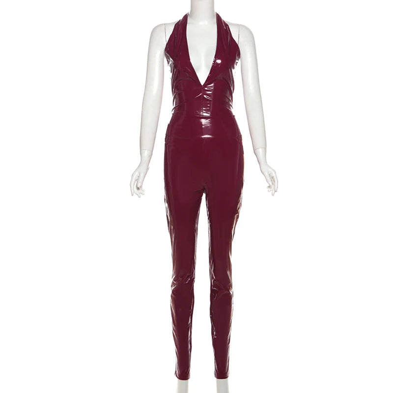 Burgundy PU Leather Two Piece Set Bodysuit and Leggings for Women