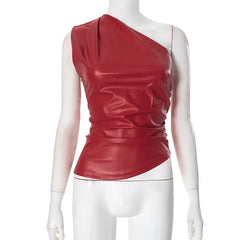 Women's Red PU Leather One Shoulder Ruched Tank Top Corset