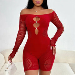 Mesh Slash Neck Playsuit with See-Through Hollow Out Diamonds