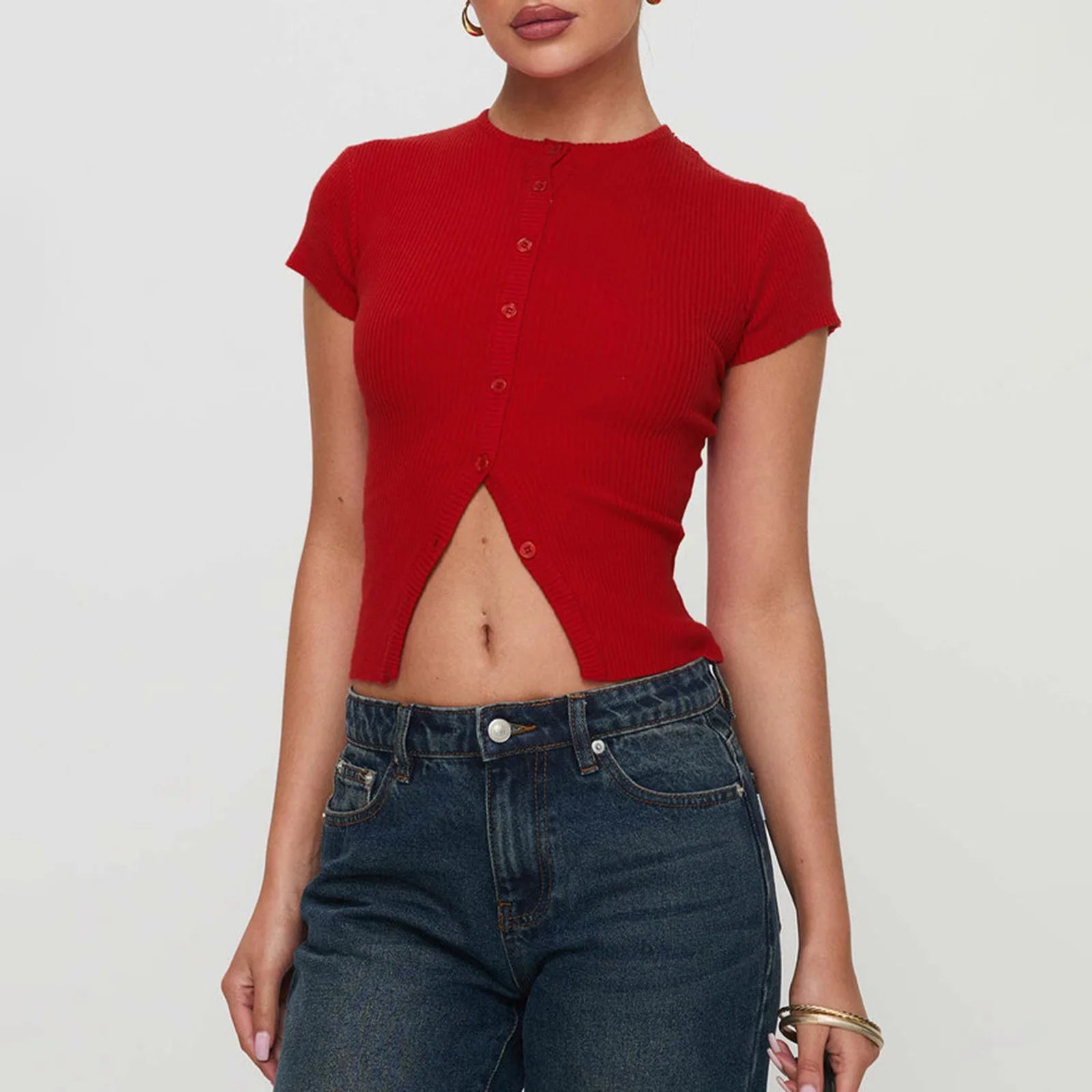 Women's Summer Button Up Crop Top Casual Short Sleeve T-Shirt