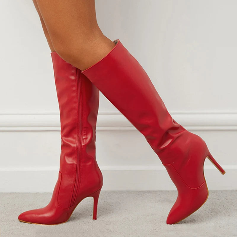 Women's Red Leather Long Boots with Pointed Toe and High Heels