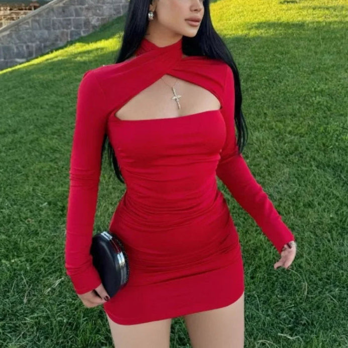 Long-Sleeve Bodycon Dress with Unique Cutout Design