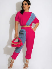 Women's Denim Patchwork Two Piece Tracksuit Set with Jogger Pants