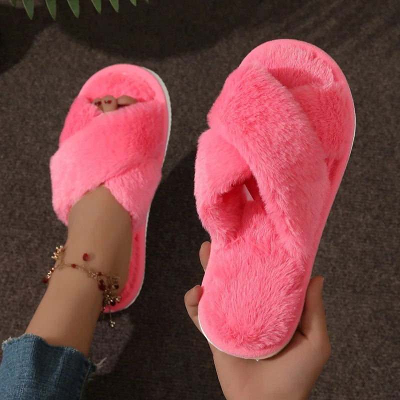 Women's Soft Plush Cross Strap Fur Slippers for Indoor Comfort