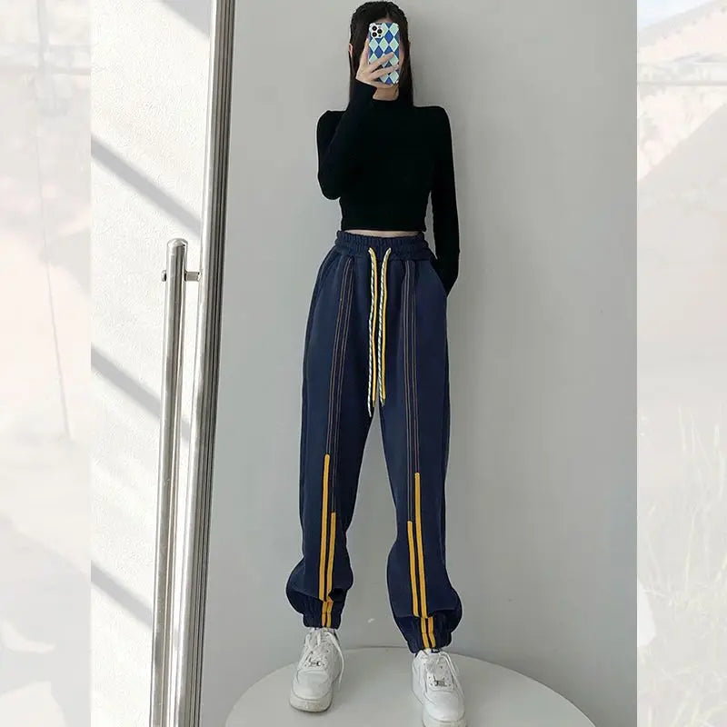 Plush Thicken Casual Drawstring Striped High Waist Pants for Women