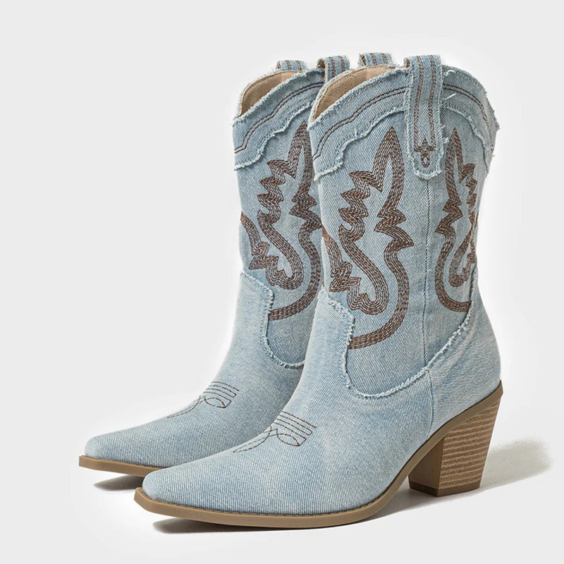 Comfy Vintage Women Embroidery Denim Western Cowboy Booties