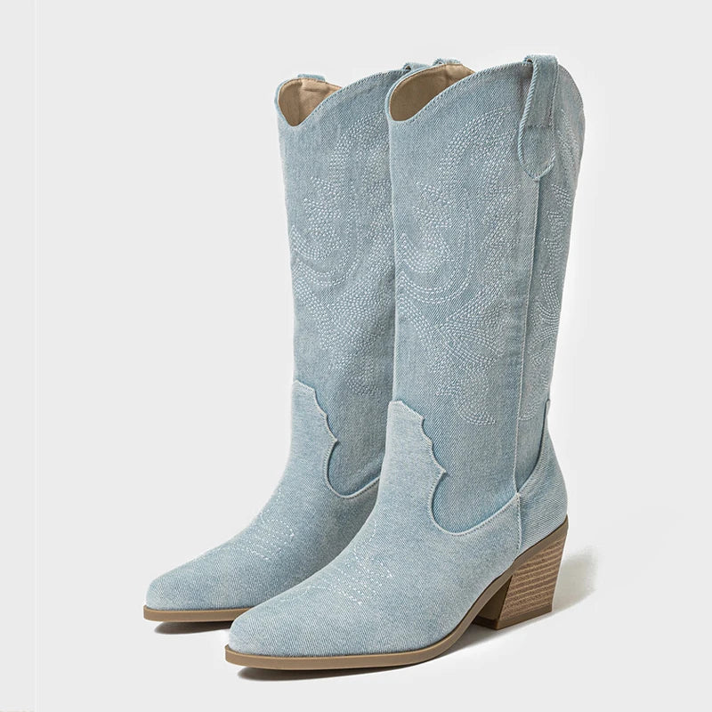 Bottes mi-mollet en denim brodé de style occidental pour femmes 