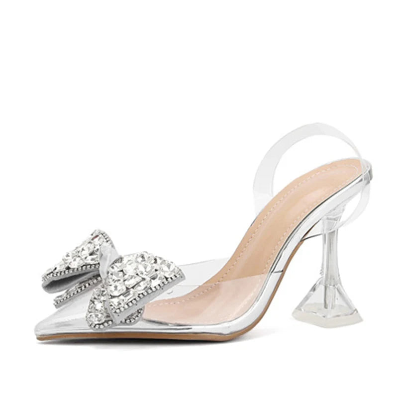 Escarpins transparents pour femmes avec nœud en cristal et talons à bride arrière à bout pointu 