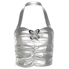 Silver PU Leather Butterfly Buckle Halter Crop Top for Women