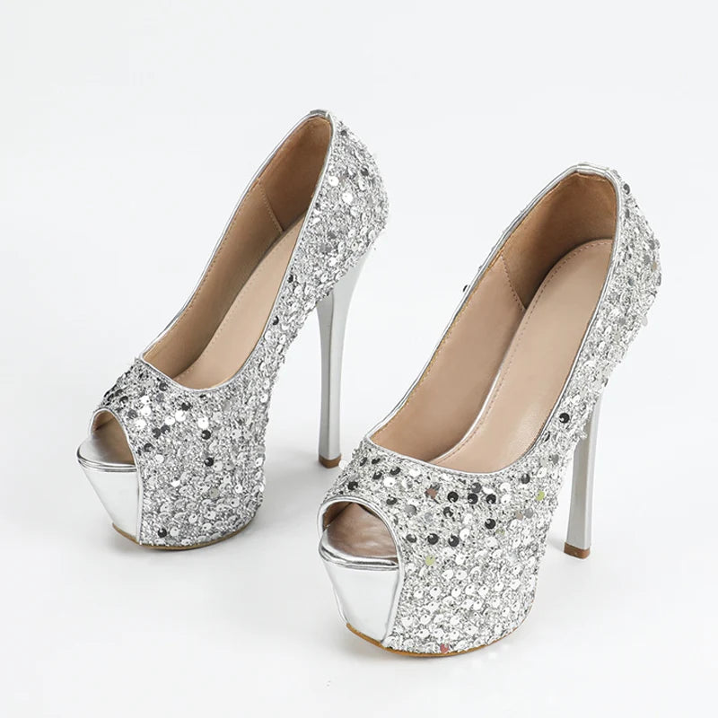 Elegant Women’s Sequined Cloth Platform High Heels Peep Toe Pumps