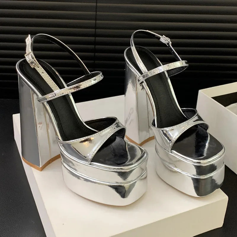 Women's Patent Leather Black Double Platform Wedge Sandals