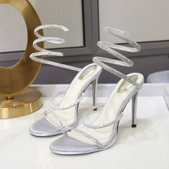 Women's Rhinestone High Heel Snake Wrap Sandals in Silver