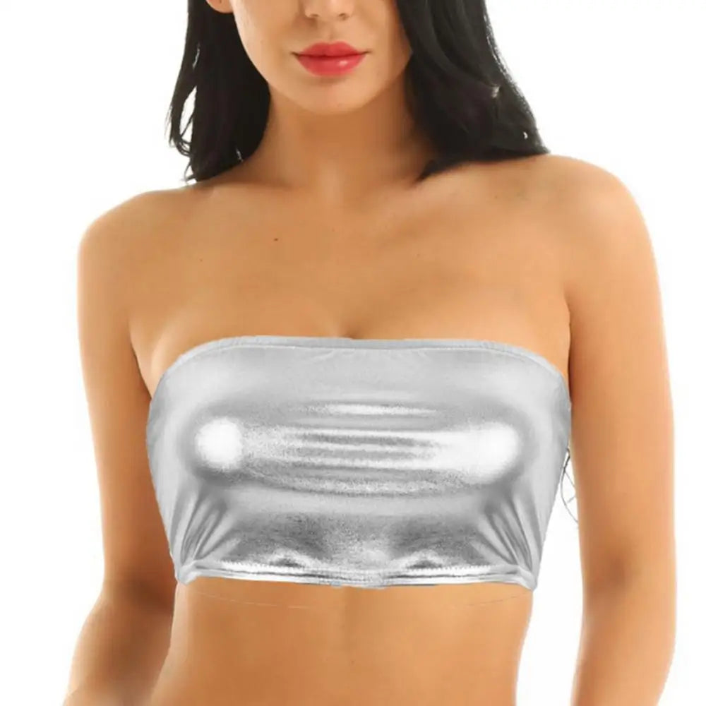 Women's Shiny Strapless Cropped Tube Top for Party and Club Wear