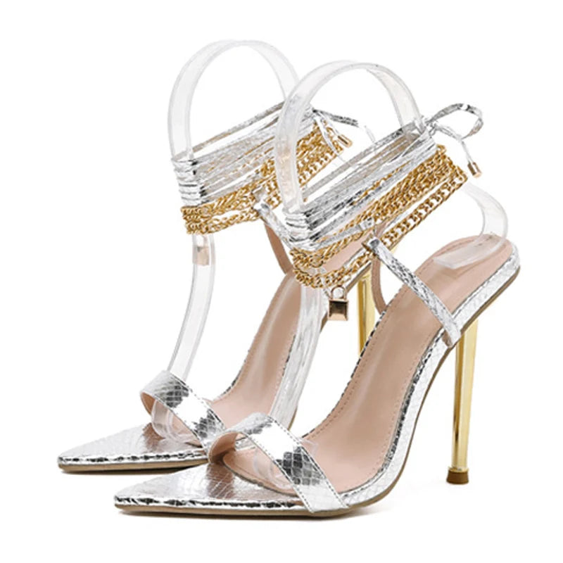 Women's Gold White High Heels 12CM Chain Ankle Strap Sandals