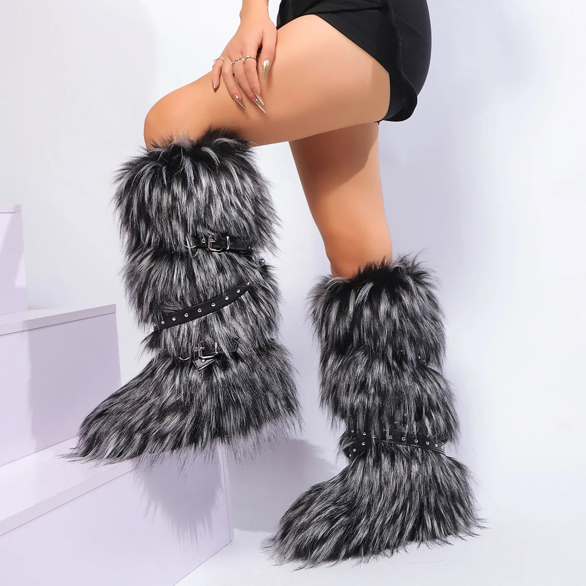 Women's Plush Faux Fur Winter Snow Boots Over Knee High