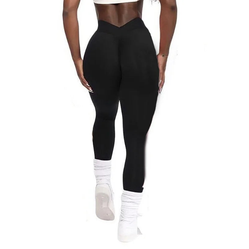 High Waist Black Yoga Leggings with Back V Butt Design for Women