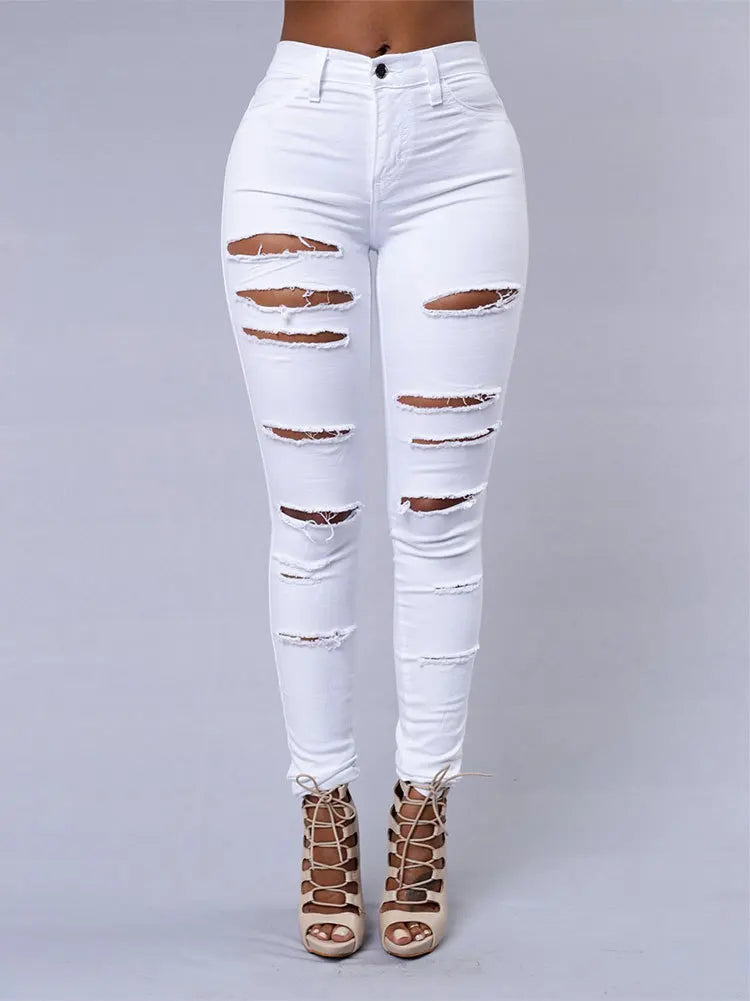 New Spring Summer Black and White Ripped Skinny Denim Pants