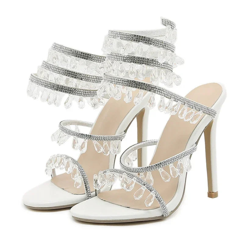 Women's White Rhinestone Ankle Strap Stiletto High Heel Sandals