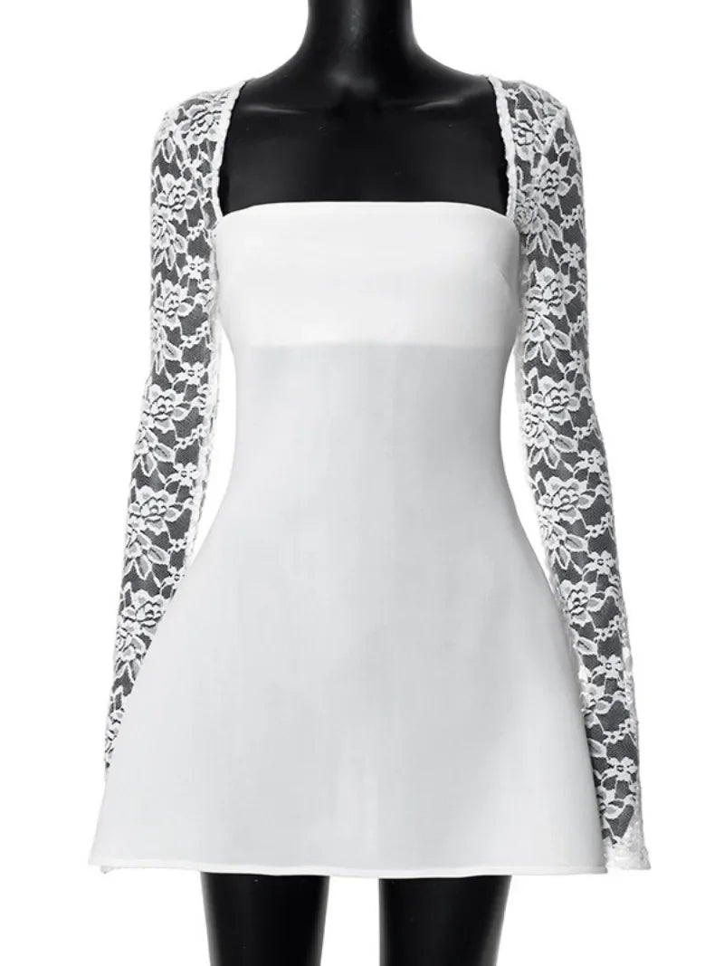 Elegant Backless A-Line Lace Patchwork Party Dress in White and Black