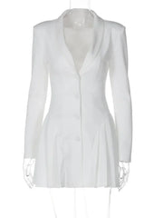 Women Elegant Deep V-Neck Pleated Short Dress with Long Sleeves