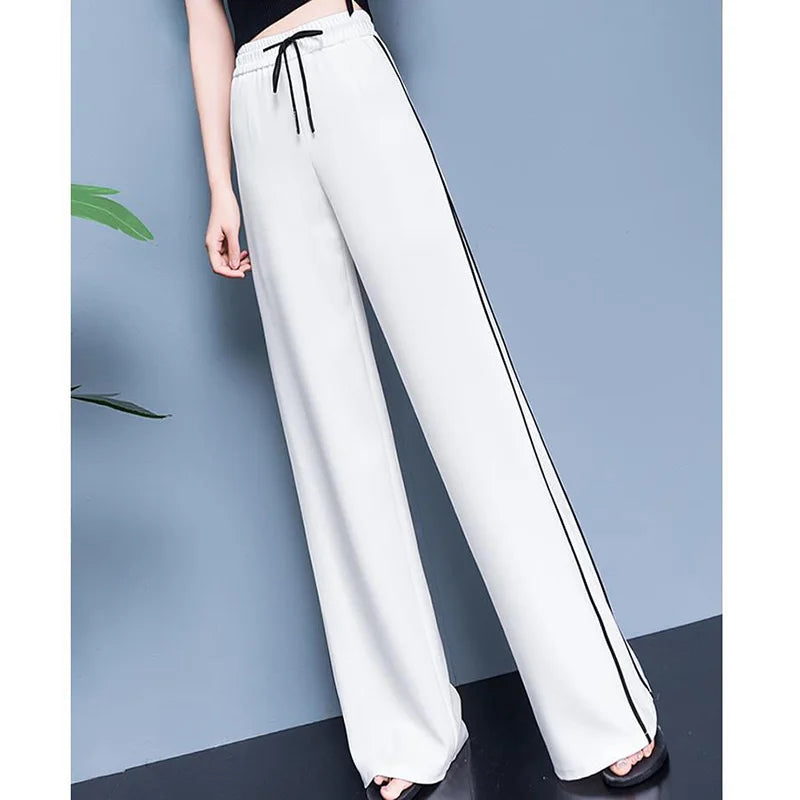 All-Match Black and White Drawstring Wide Leg Trousers for Women