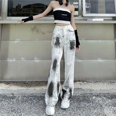 Simplicity Vintage Tie Dye Wide Leg Jeans with Multiple Pockets