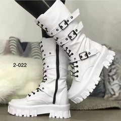 Bottes longues noires à talons mi-hauts Punk Knight pour femmes 